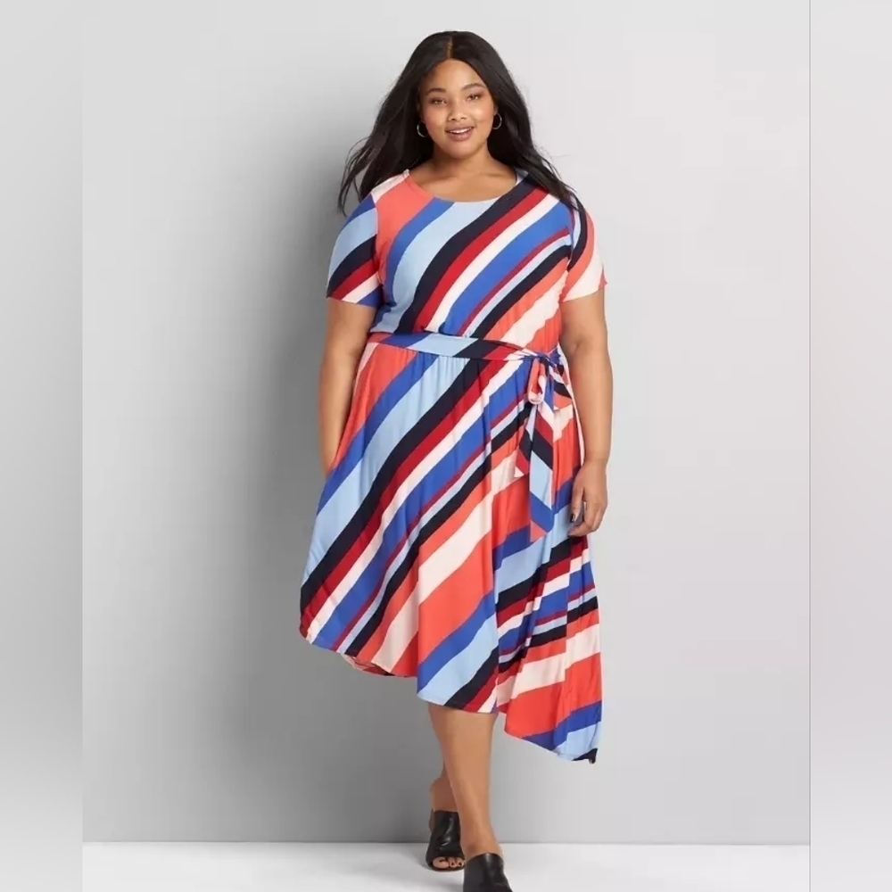 Lane Bryant Assymetric hem midi dress sz 18/20W red blue striped
